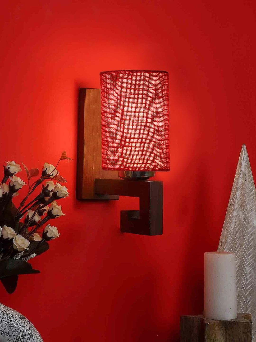 Aura Maroon & Red Textured Wood Cylinder Shaped Wall Lamp-picture-22
