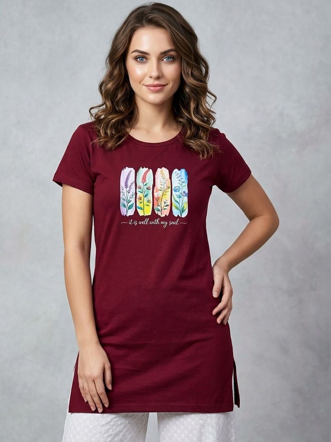 The Roadster Lifestyle Co. Floral Printed Round Neck Knitted Lounge Tshirt-picture-56