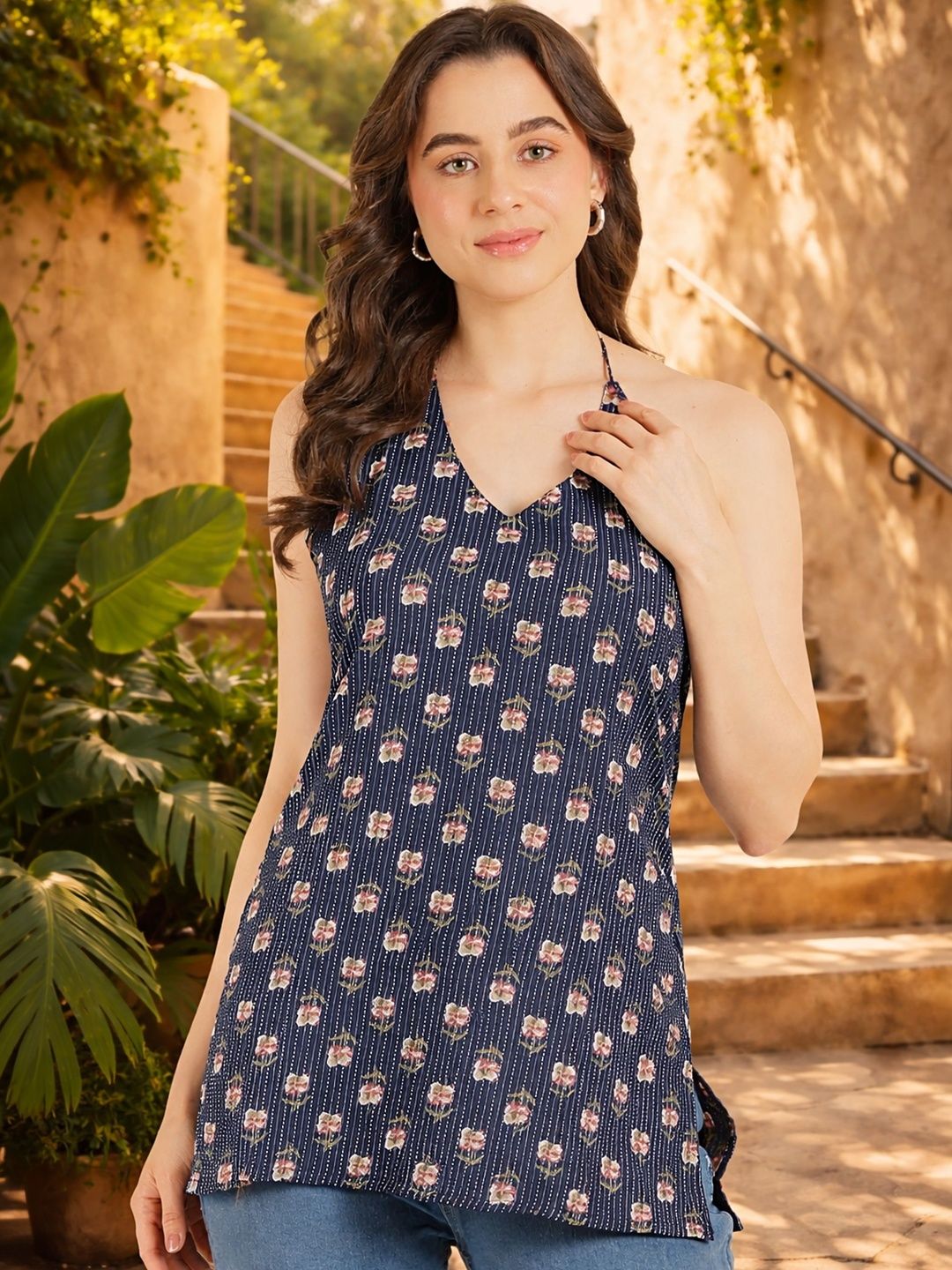 Anouk Floral Printed Halter Neck Pure Cotton Kurti-picture-22