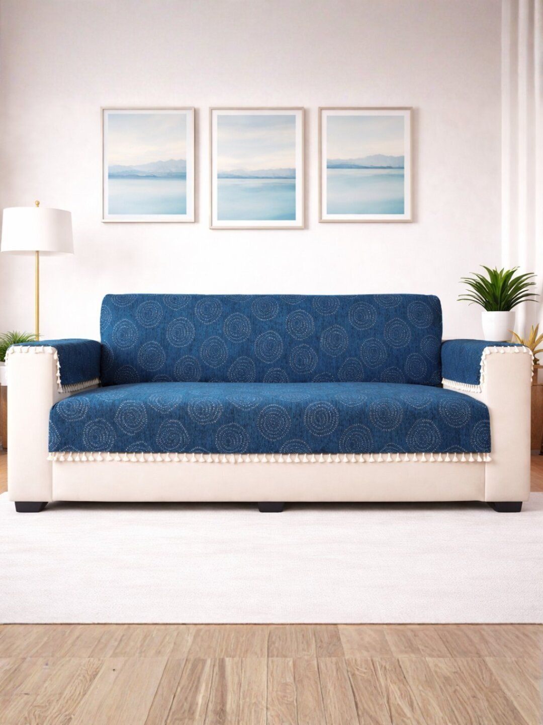 STITCHNEST Blue & Navy Blue Printed 3 Piece Sofa Cover With Arms-image-19