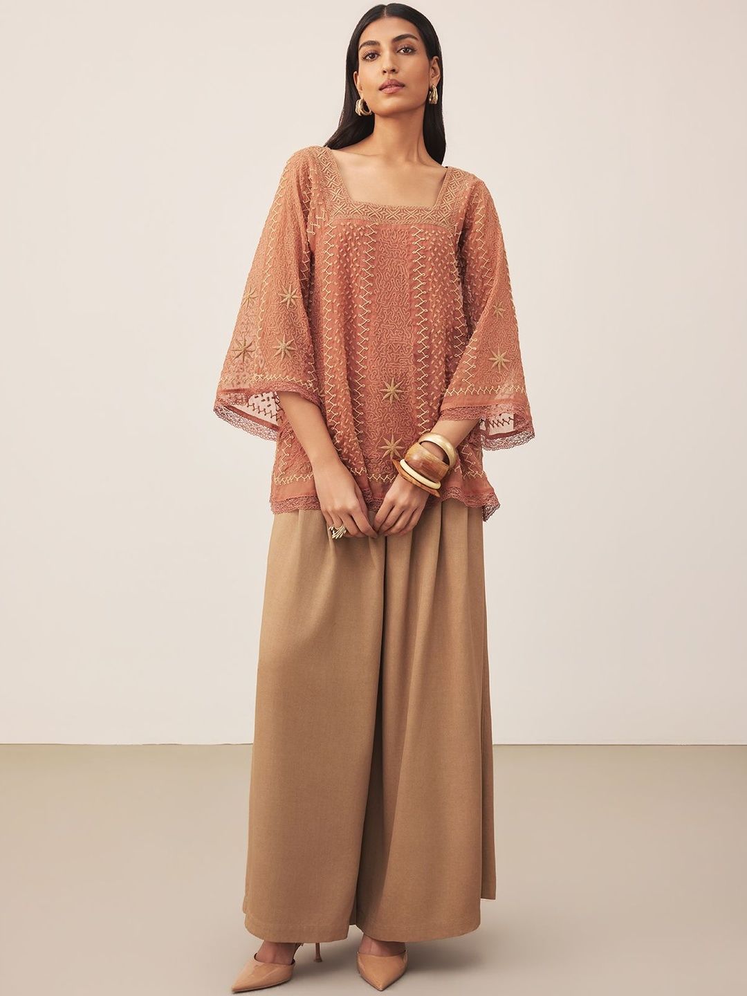 Ritu Kumar Embellished Embroidered Flared Sleeve Ethnic Chiffon Top-picture-17