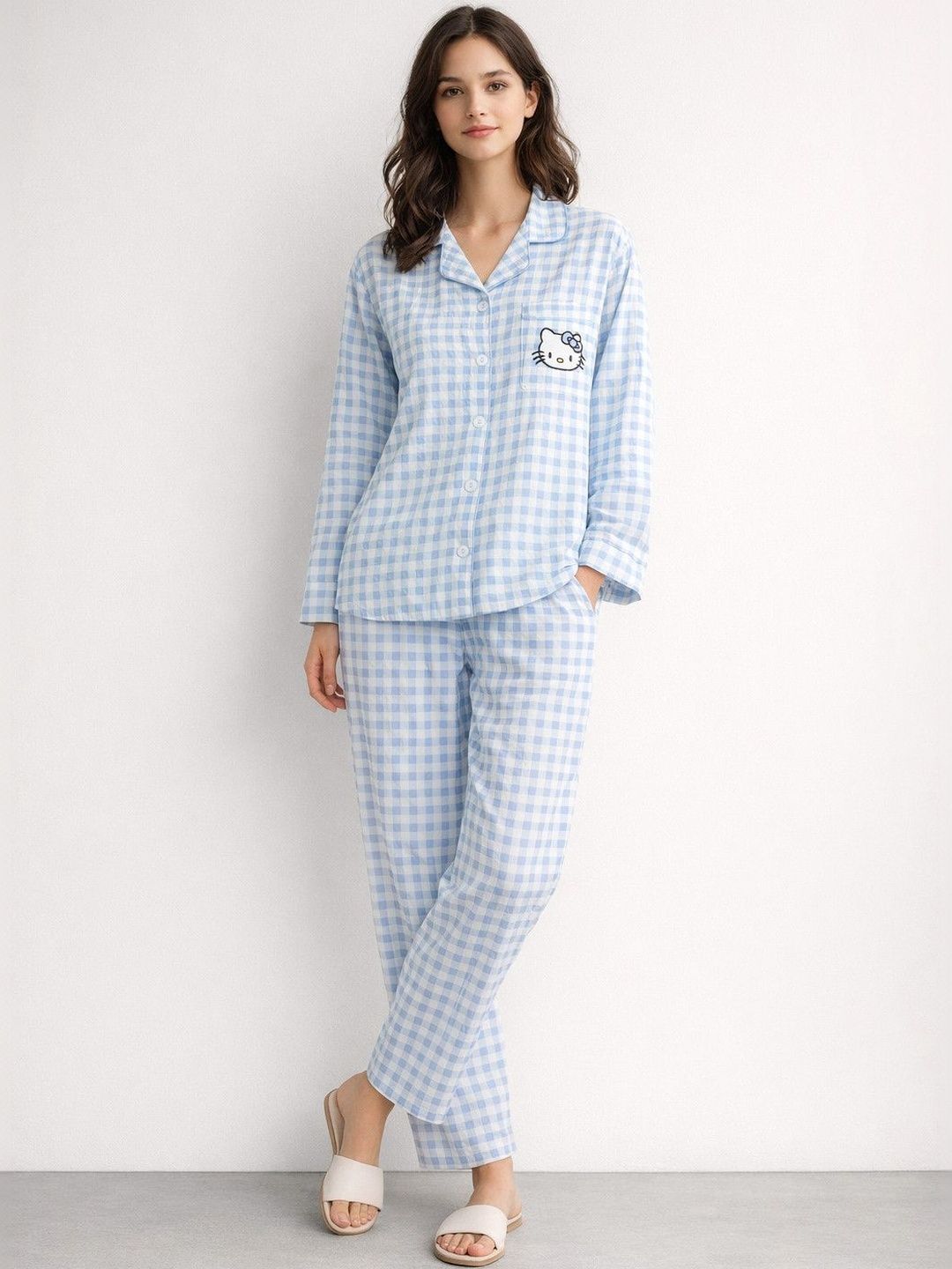 DressBerry Hello Kitty Checked Lapel Collar Night suit-picture-34