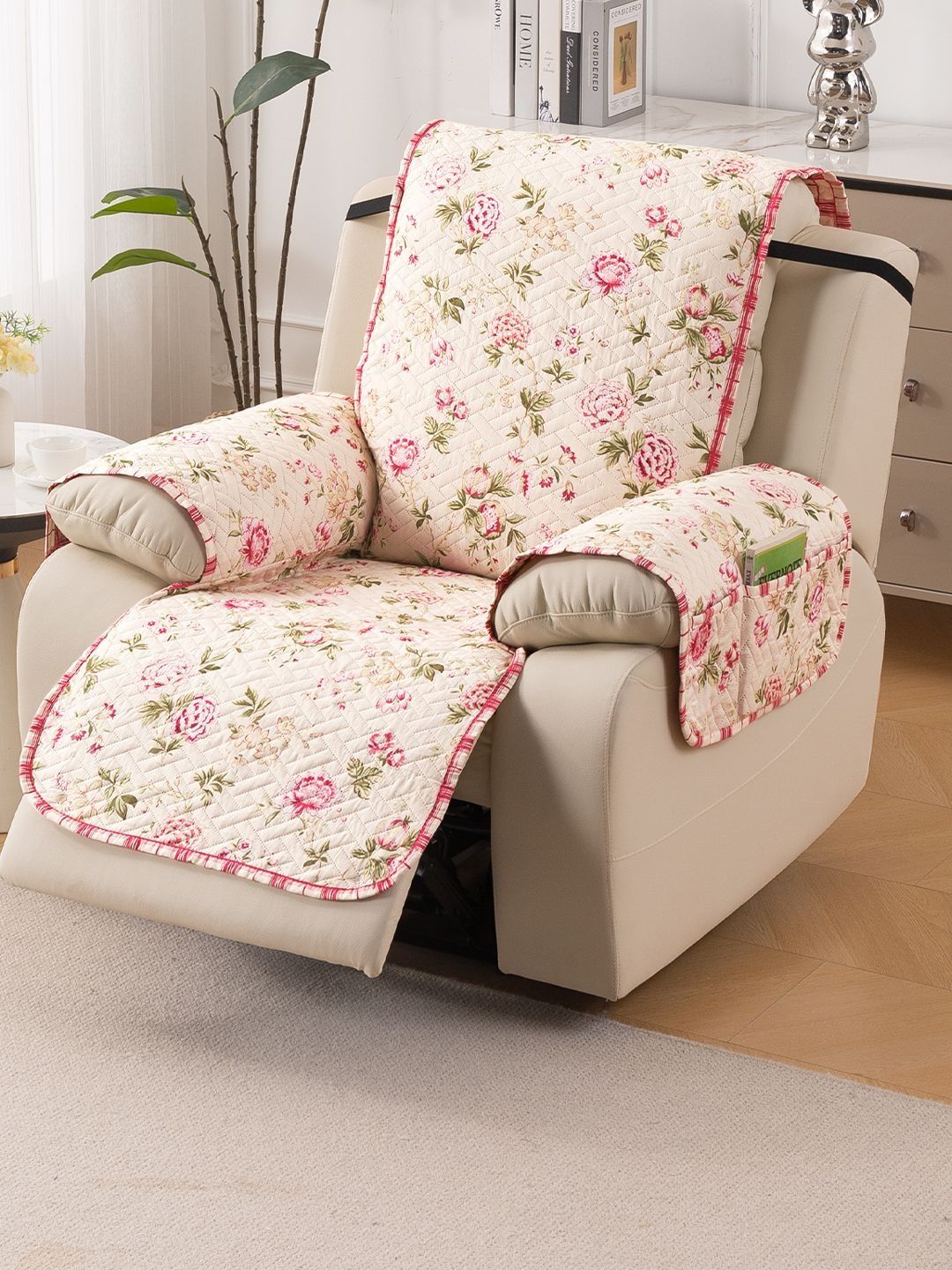 HOKIPO Cream-Coloured Printed 1 Piece Sofa Cover With Arms-picture-29