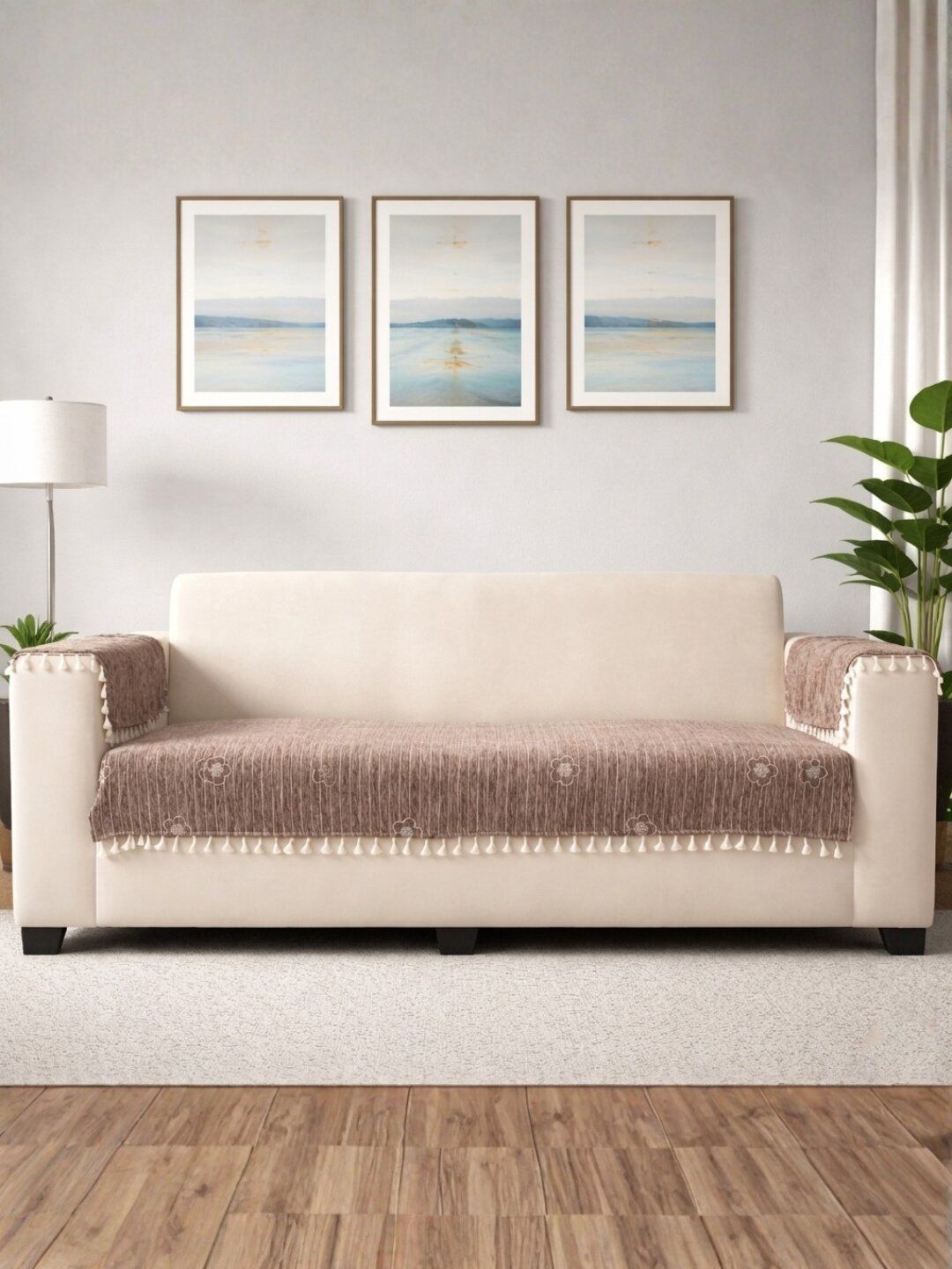 STITCHNEST Beige & Brown Printed 3 Piece Sofa Cover With Arms-image-38