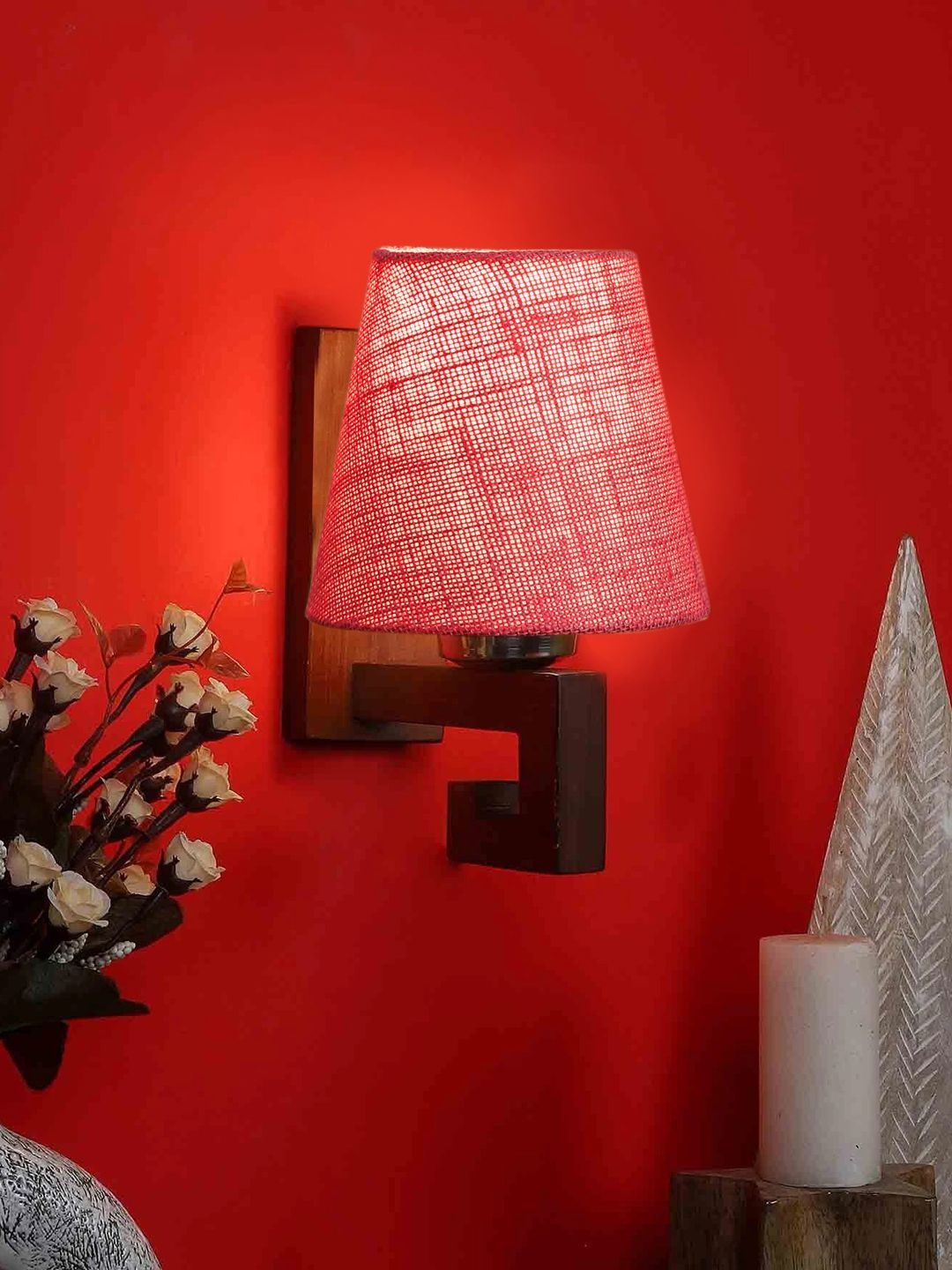 Aura Pink & Pink Textured Wood Traditional Frustum Shaped Wall Lamp-image-43