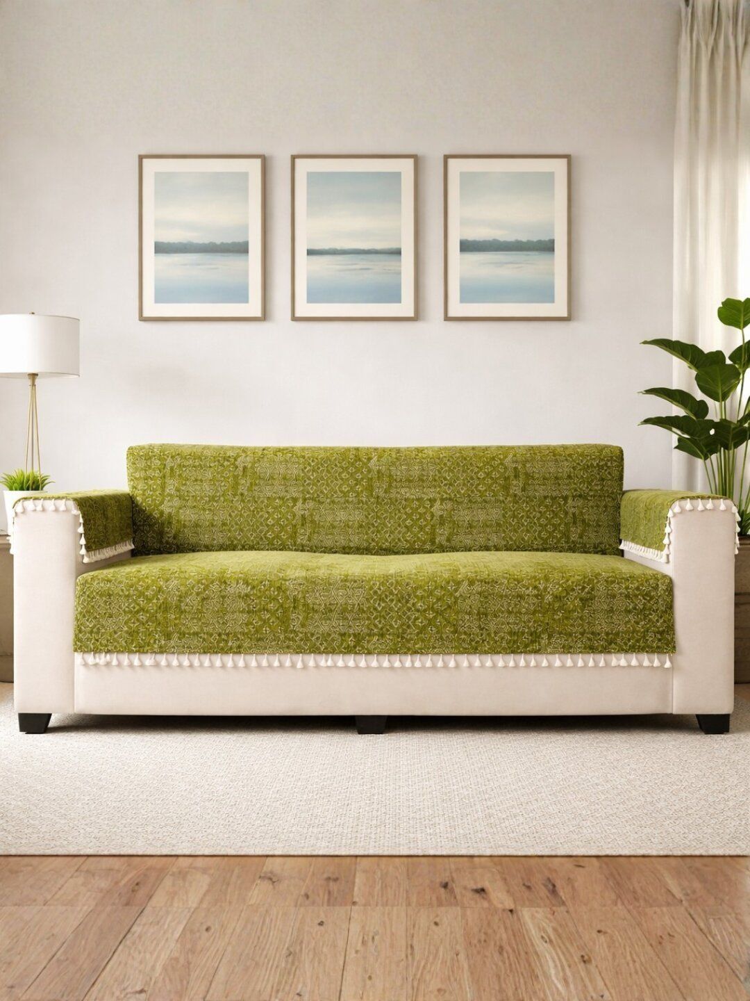 STITCHNEST Green & Green Printed 3 Piece Sofa Cover With Arms-picture-48