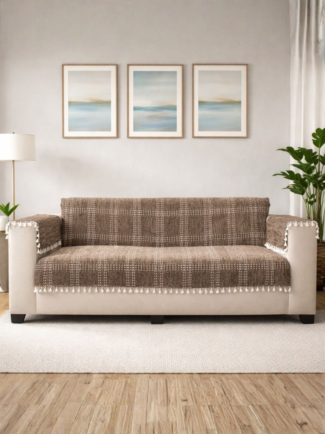 STITCHNEST Beige & Brown Printed 3 Piece Sofa Cover With Arms-picture-44