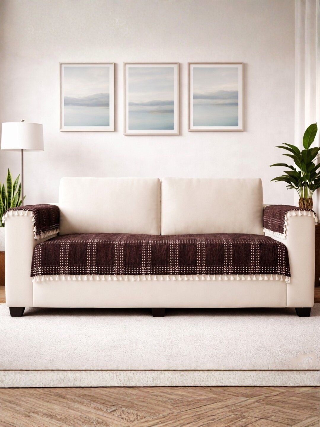 STITCHNEST Brown & Coffee Brown Checked 3 Piece Sofa Cover With Arms-image-18