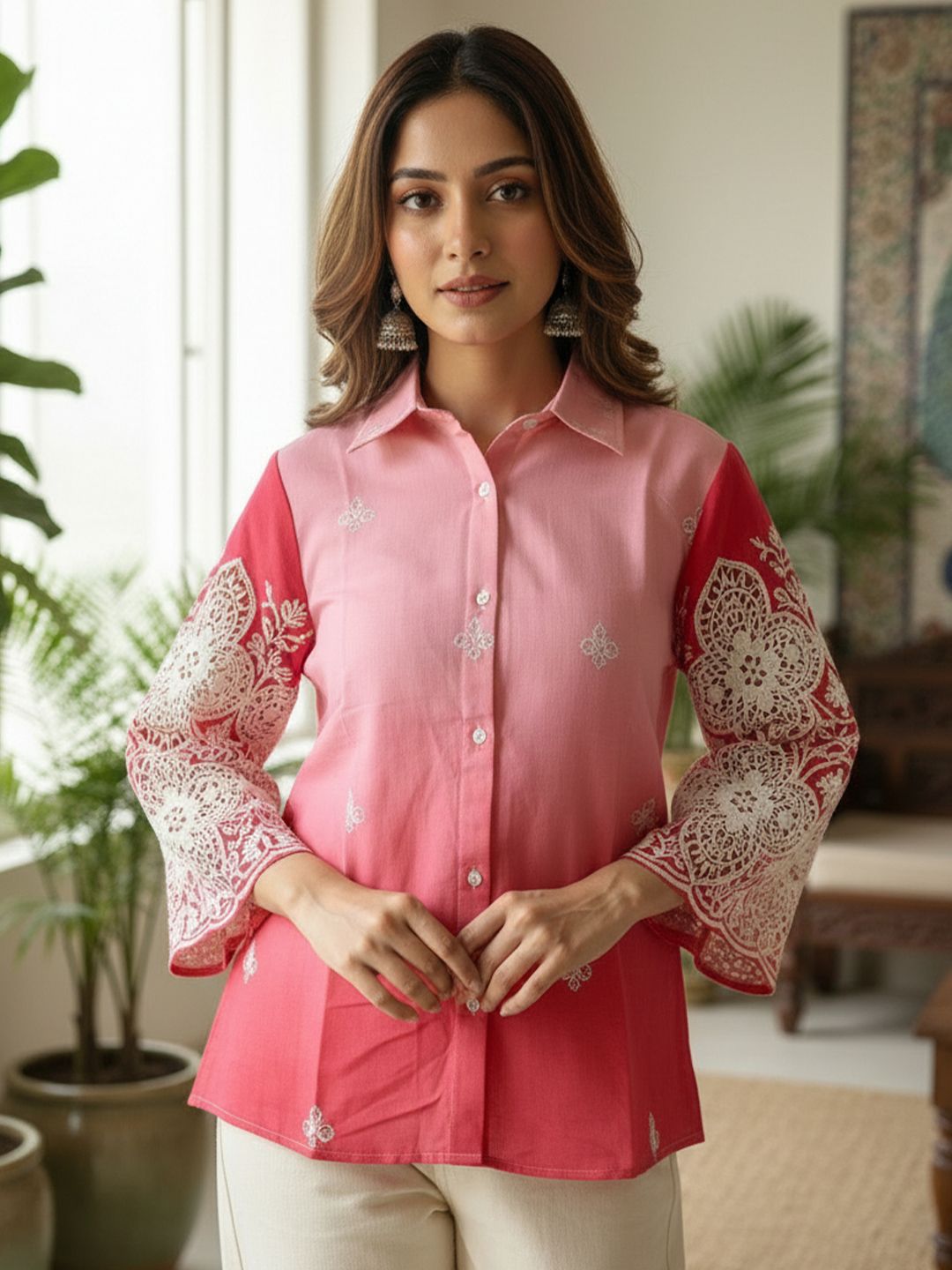 Anouk Floral Embroidered Shirt Collar Flared Sleeves Thread Work Pure Cotton Blend Thread Work Kurti-picture-28