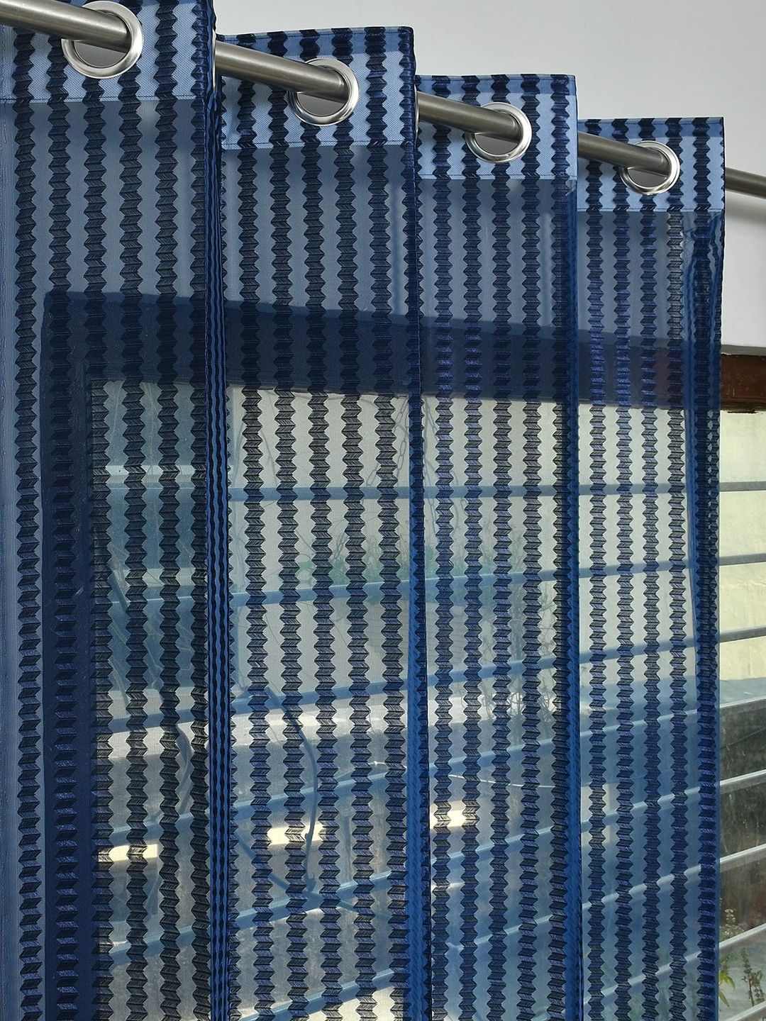 YUKANY Navy Blue & Multicoloured Set of 2 Striped Sheer Window Curtain-image-32