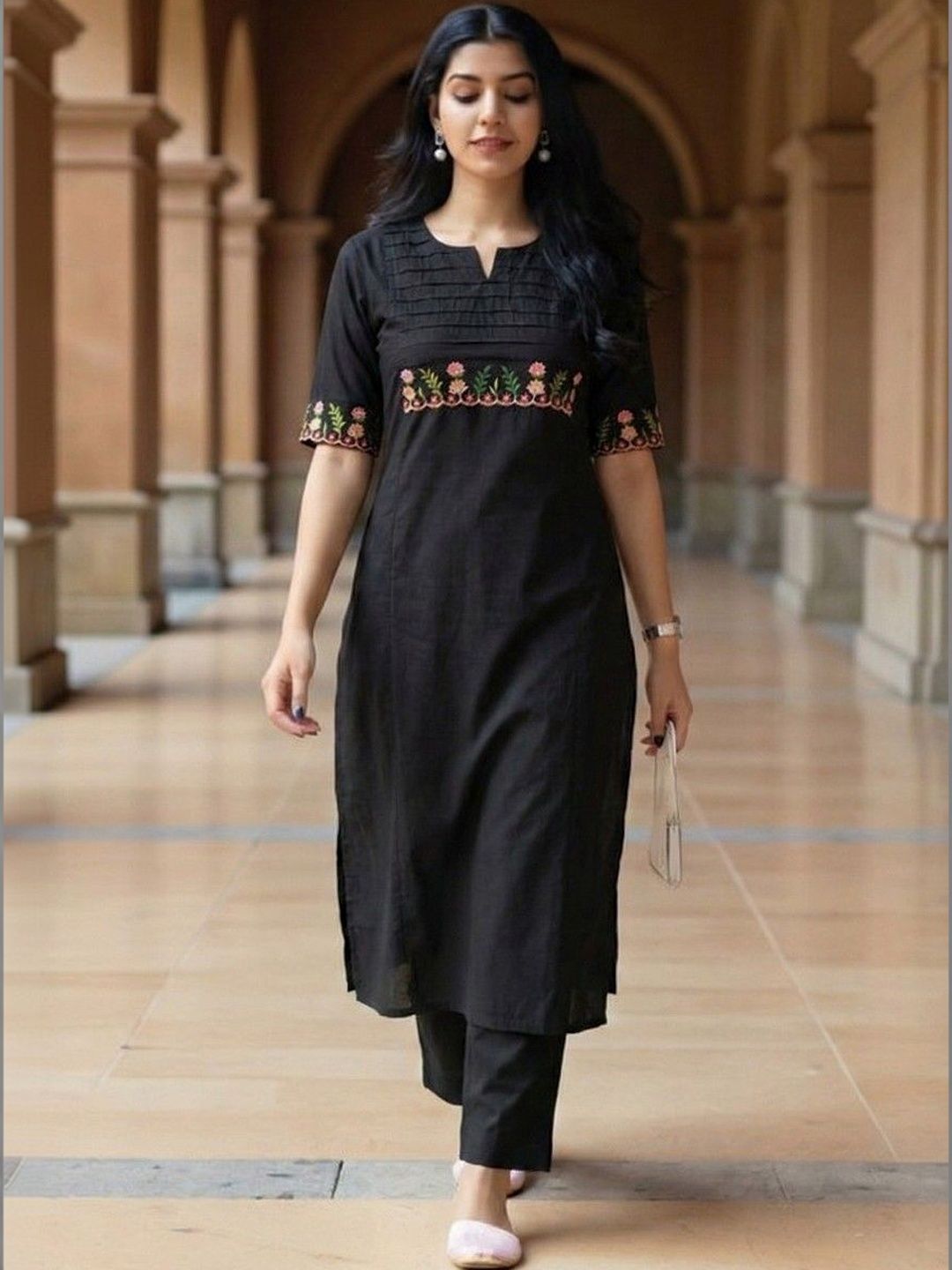 Moda Rapido Women Floral Embroidered Pleated Thread Work Pure Cotton Kurta with Trousers-image-25
