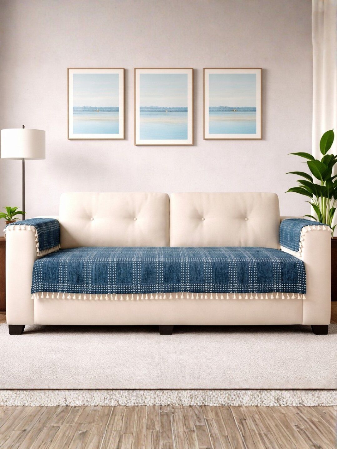 STITCHNEST Blue & Blue Printed 3 Piece Sofa Cover With Arms-image-17