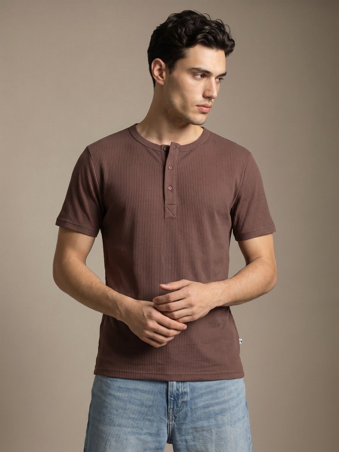 glitchez Self Striped Textured Henley Neck T-shirt-picture-18