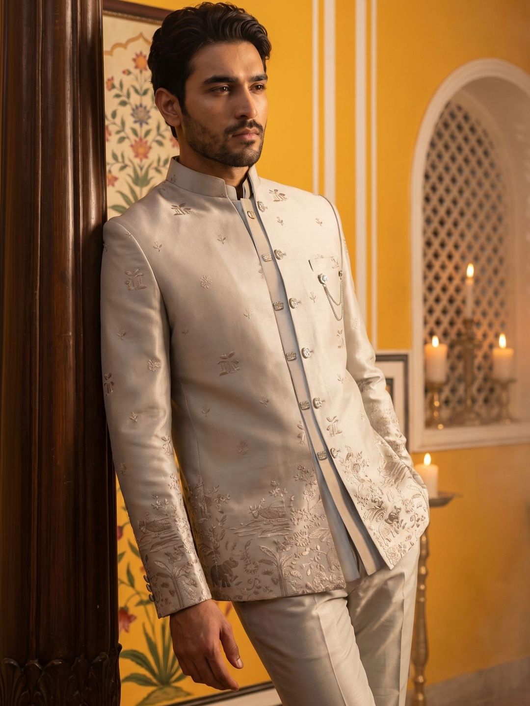 Jompers Self Design Mandarin Collar Sherwani-picture-27
