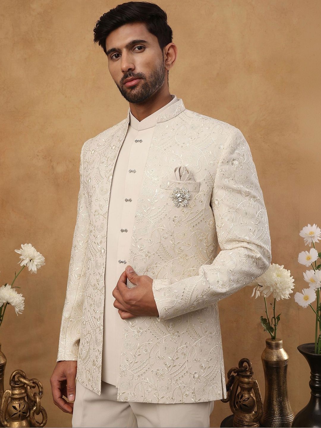 Jompers Self Design Mandarin Collar Sherwani-picture-47