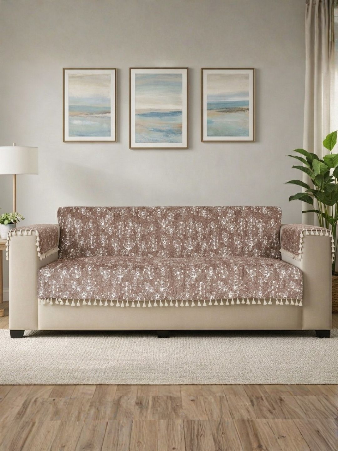 STITCHNEST Beige & Brown Printed 3 Piece Sofa Cover With Arms-image-39