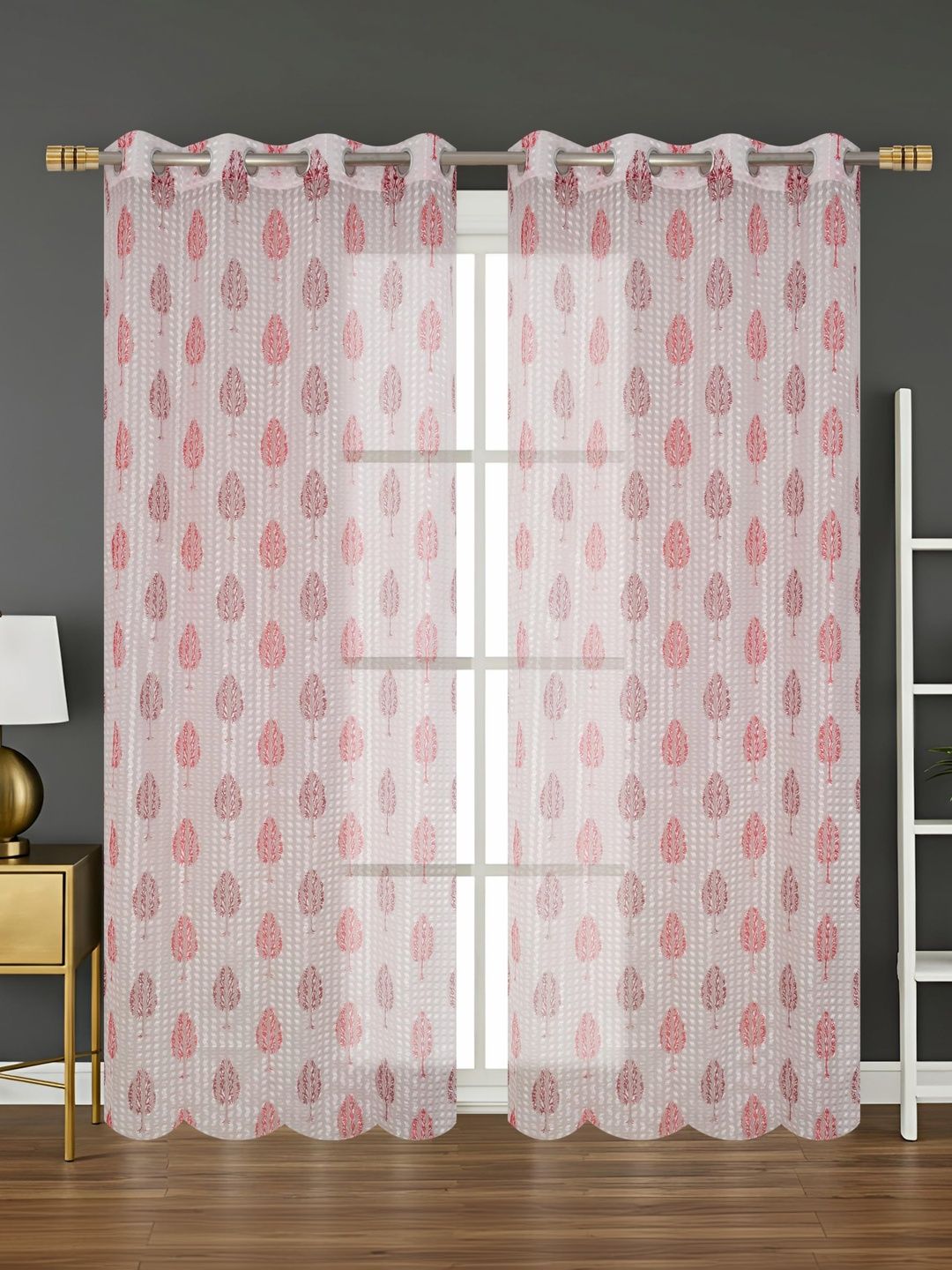 YUKANY Maroon & Multicoloured Set of 2 Floral Sheer Window Curtain-image-48