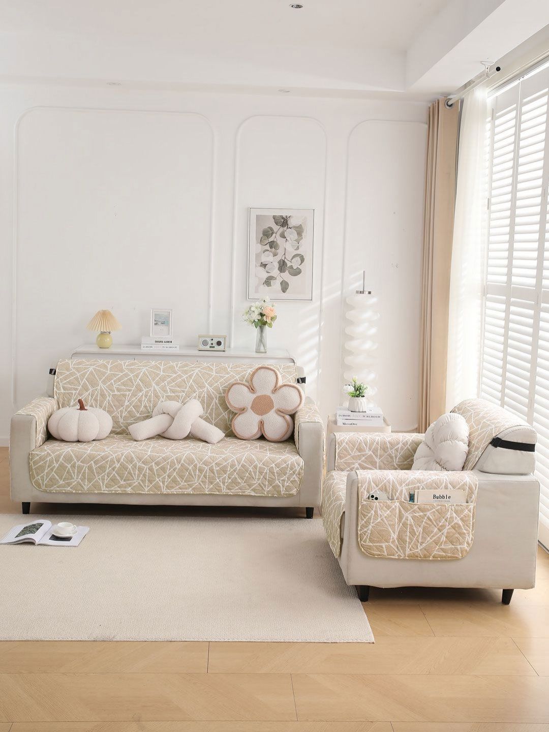 HOKIPO Beige Printed 1 Piece Sofa Cover Without Arms-image-36
