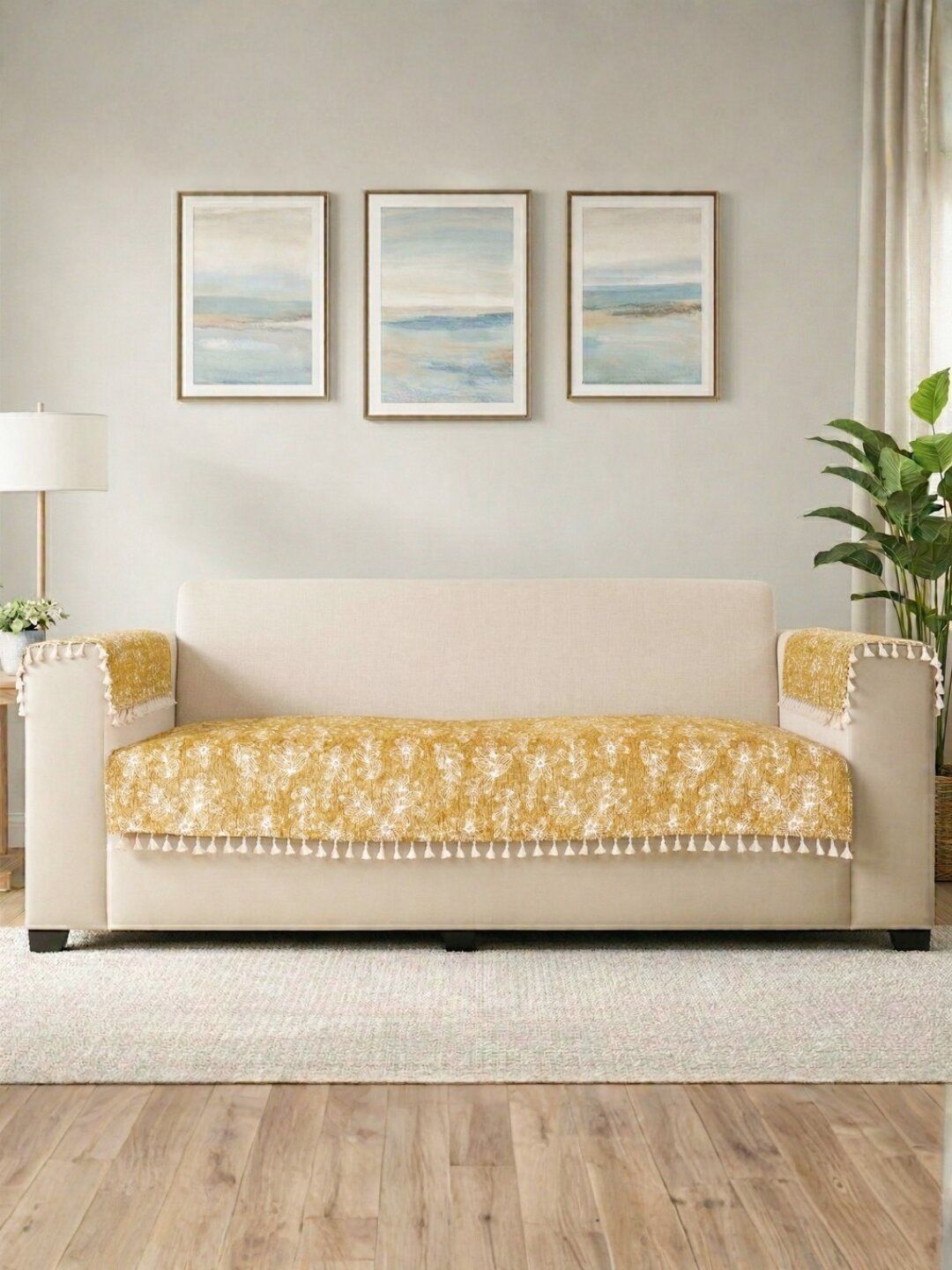STITCHNEST Yellow & Yellow Printed 3 Piece Sofa Cover With Arms-image-10