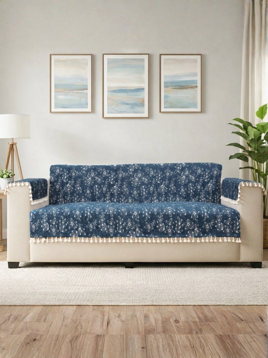 STITCHNEST Blue & Navy Blue Printed 3 Piece Sofa Cover With Arms-image-11