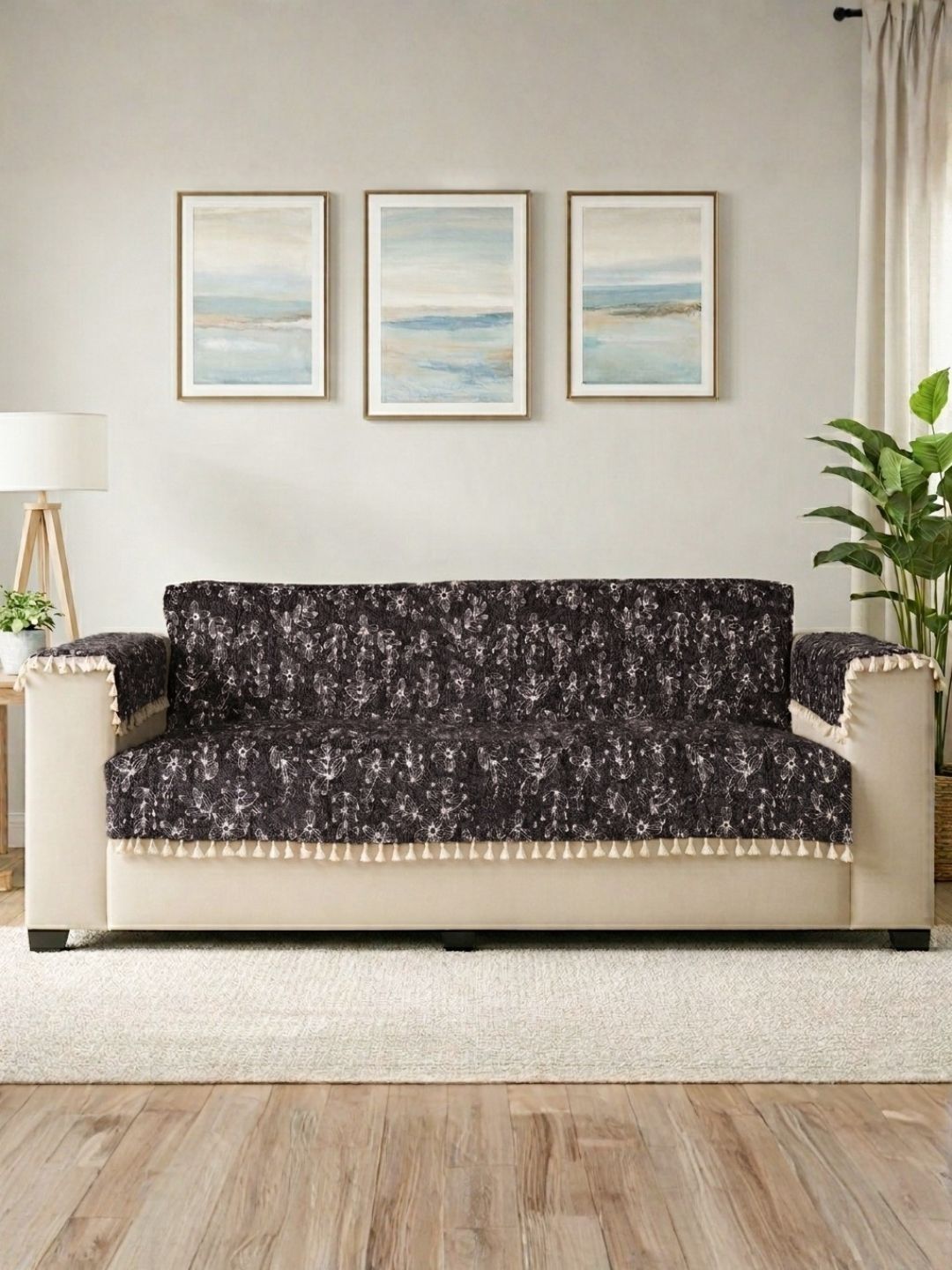 STITCHNEST Black & Charcoal Printed 3 Piece Sofa Cover With Arms-image-25