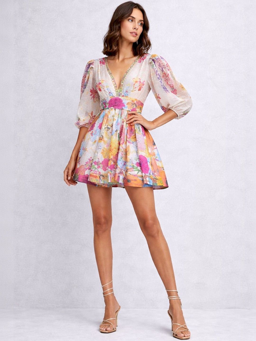 bebe Floral Print Puff Sleeve Fit & Flare Mini Dress-picture-41