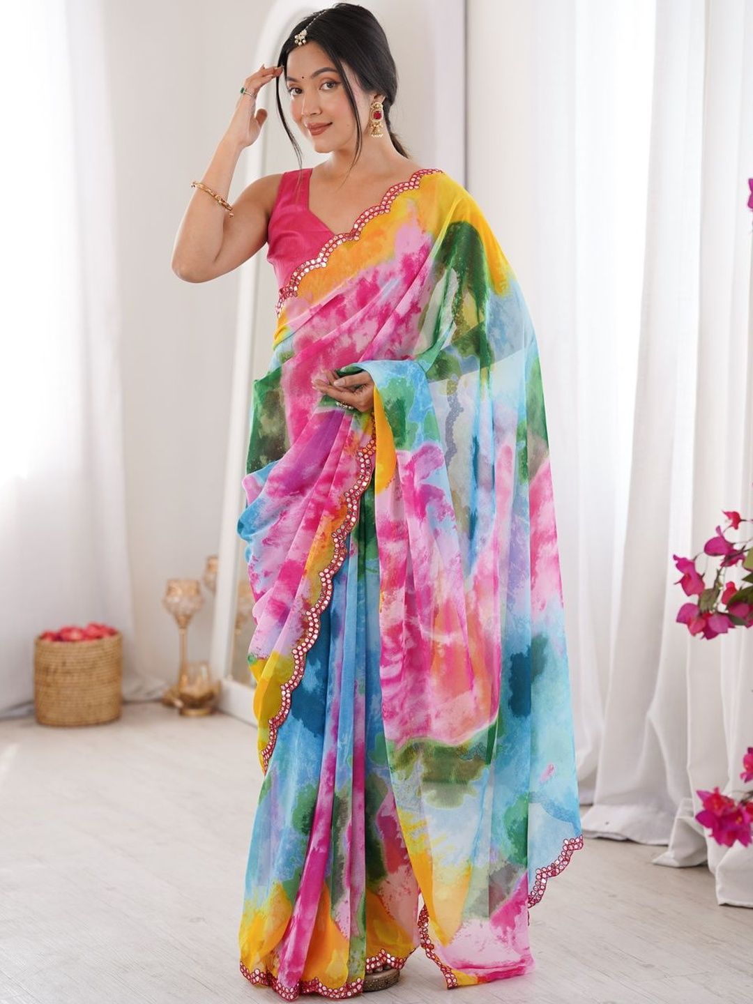 HERE&NOW Tie and Dye Mirror Work Poly Georgette Saree-image-0