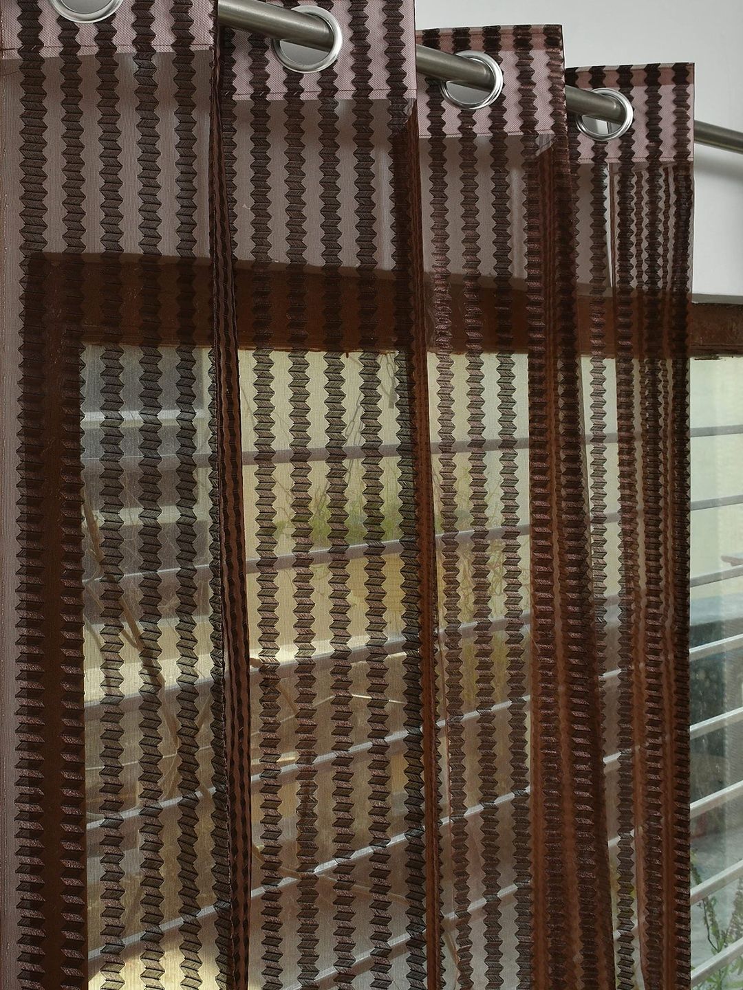 YUKANY Coffee Brown & Multicoloured Set of 2 Striped Sheer Window Curtain-picture-37