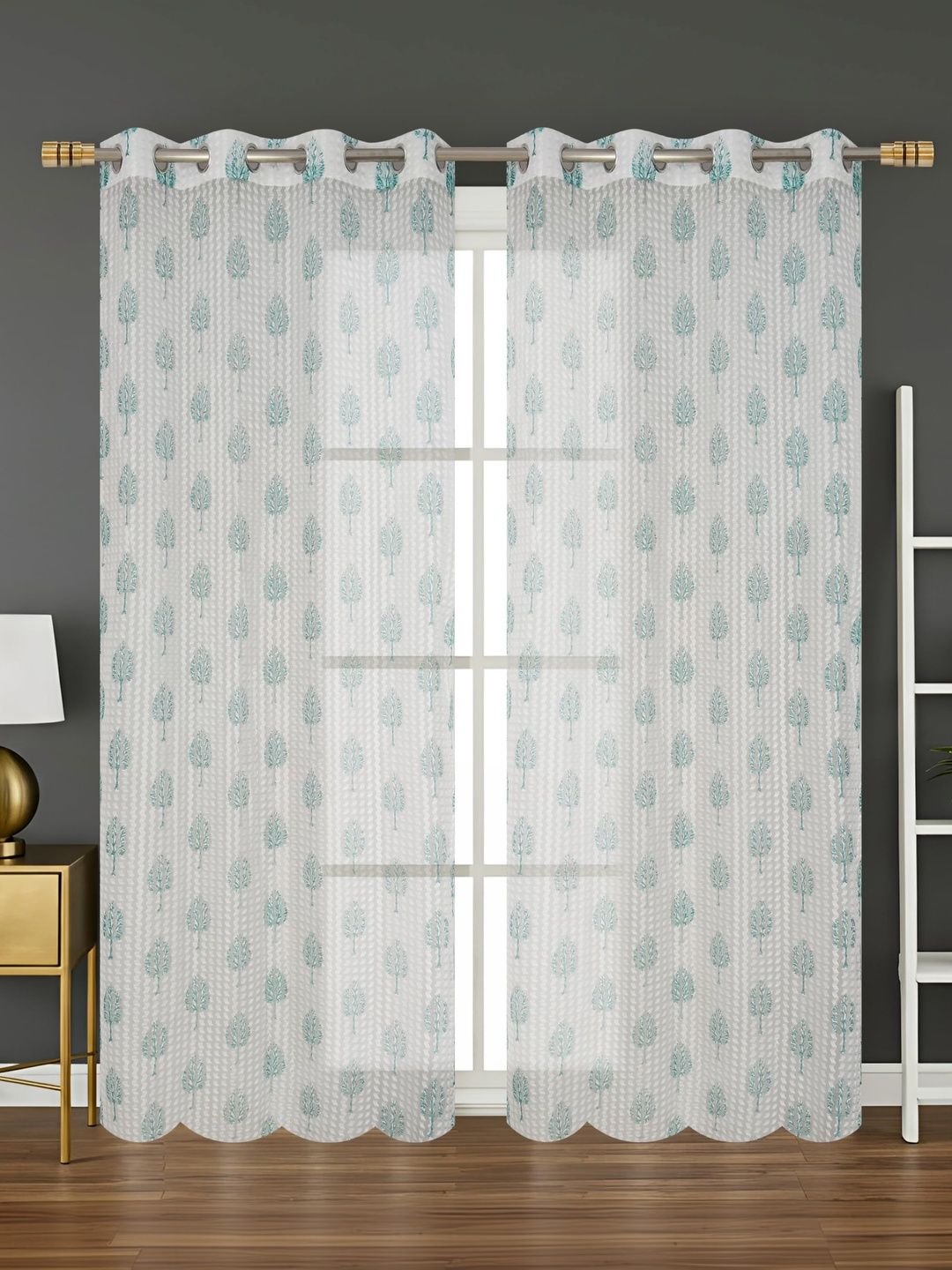 YUKANY Green & Multicoloured Set of 2 Floral Sheer Window Curtain-picture-32