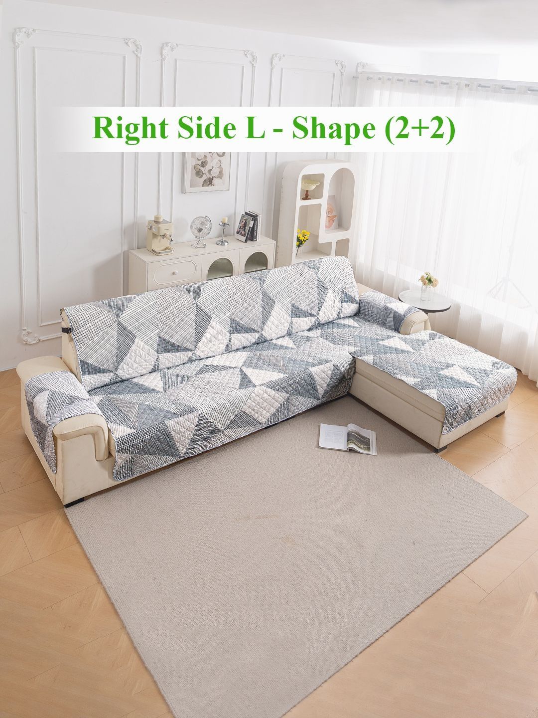 HOKIPO White & Grey Printed 1 Piece Sofa Cover With Arms-picture-23