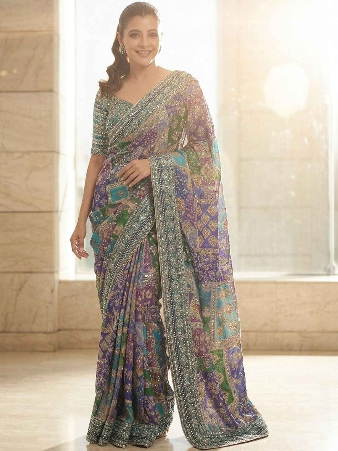 Kalista Ethnic Motifs Sequinned Pure Chiffon Heavy Work Saree-picture-30