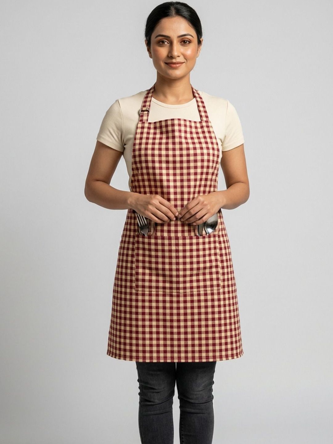 ZENSHA DECOR Maroon Checked Cotton Aprons-picture-4