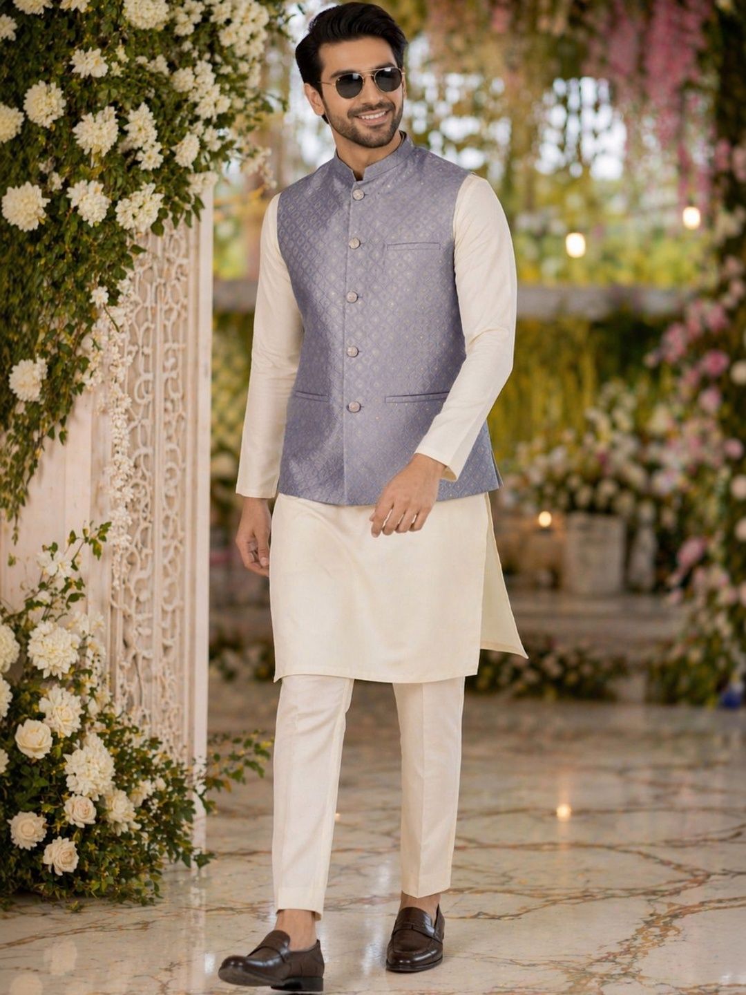 House of Pataudi Woven Design Textured Festive Jacquard Nehru Jacket-picture-36