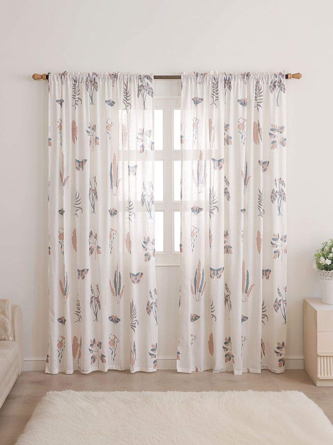 Homemonde Peach-Coloured & Teal Floral Sheer Window Curtains and Sheers