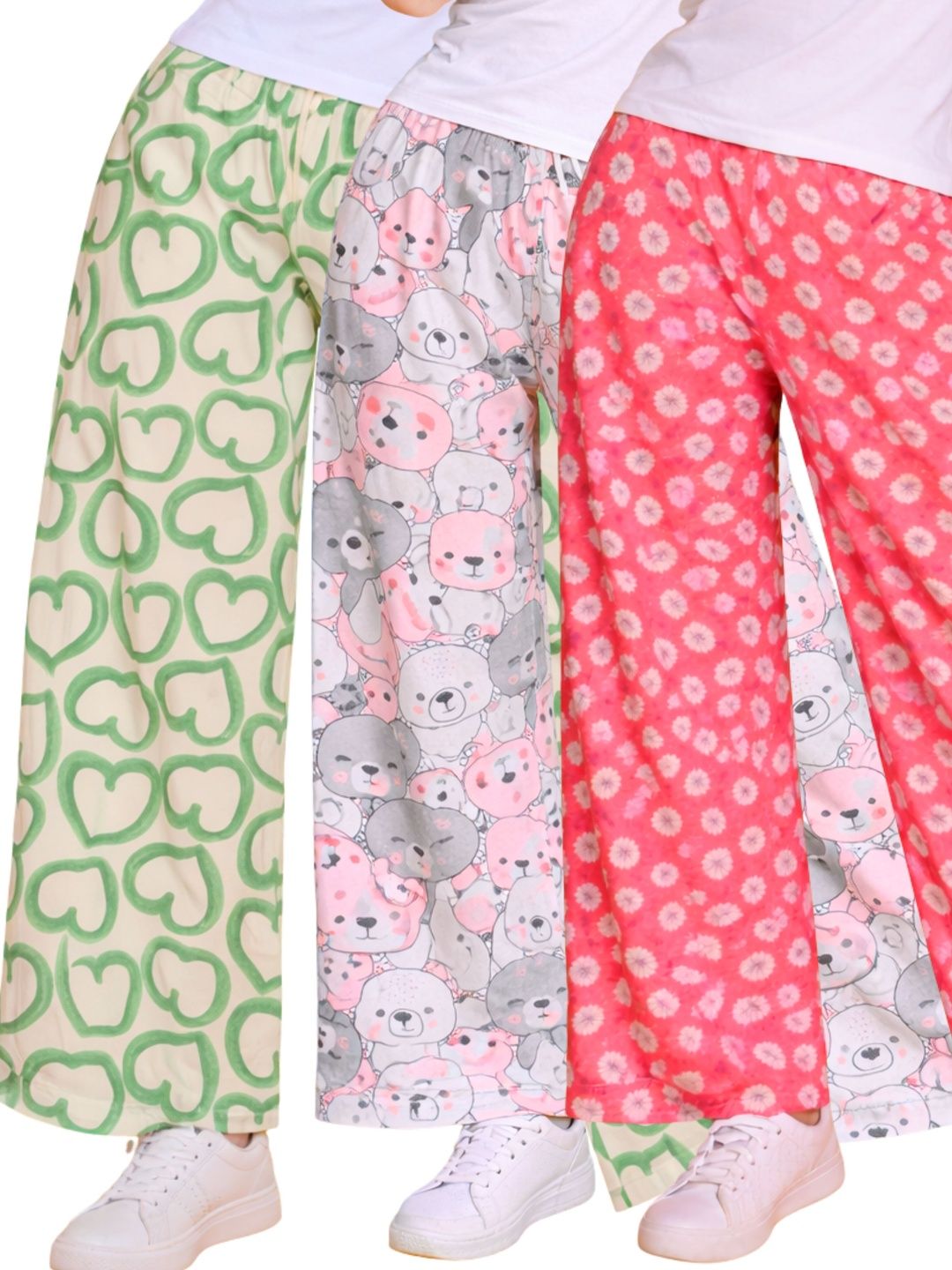 TotzTouch Girls Pack Of 3 Printed Cotton Mid-Rise Straight Lounge Pants-picture-11