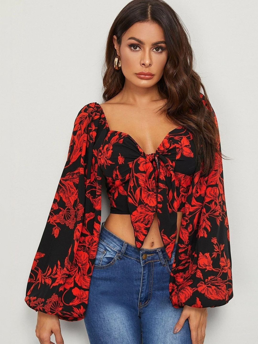 Stylecast X Slyck Floral Print Bishop Sleeves Crop Top-picture-10