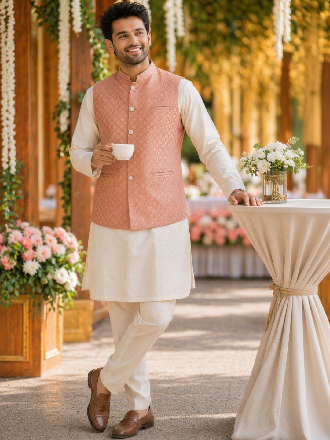 House of Pataudi Woven Design Textured Festive Jacquard Nehru Jacket-picture-31