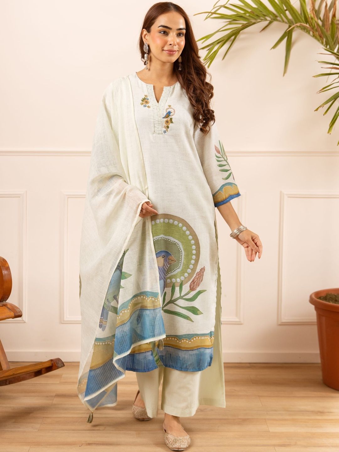 Sangria Printed Linen V-Neck Kurta & Trousers With Dupatta-picture-58