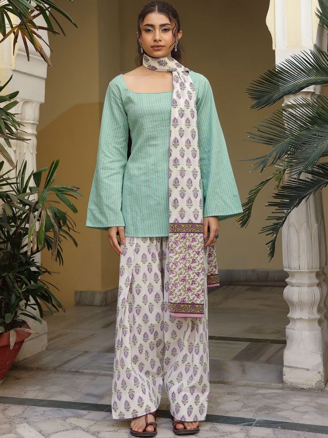 anayna Women Ethnic Motifs Striped Regular Pure Cotton Kurti with Palazzos & With Dupatta-picture-18