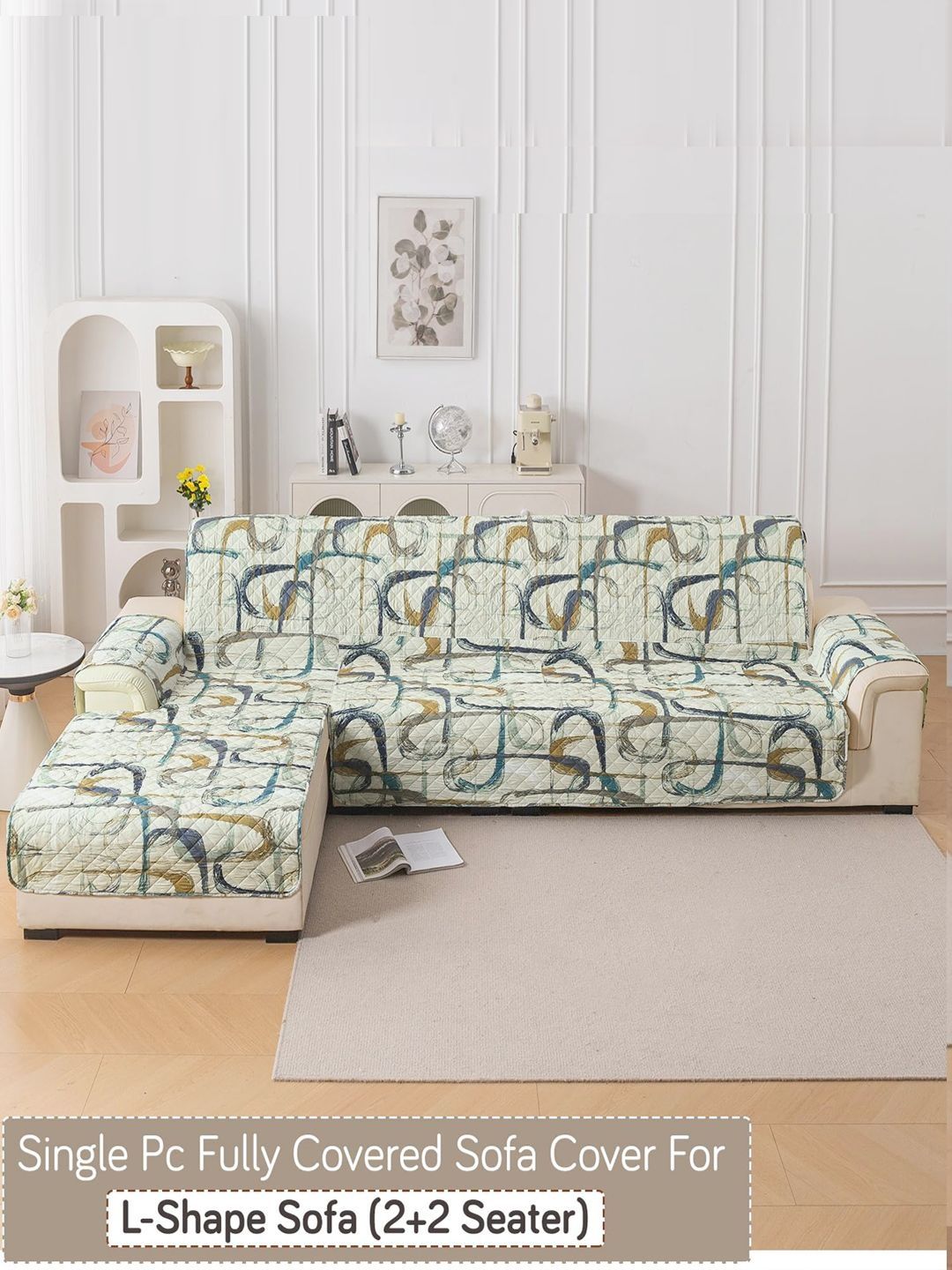 HOKIPO Beige & Cream-Coloured Printed 1 Piece Sofa Cover With Arms-picture-7
