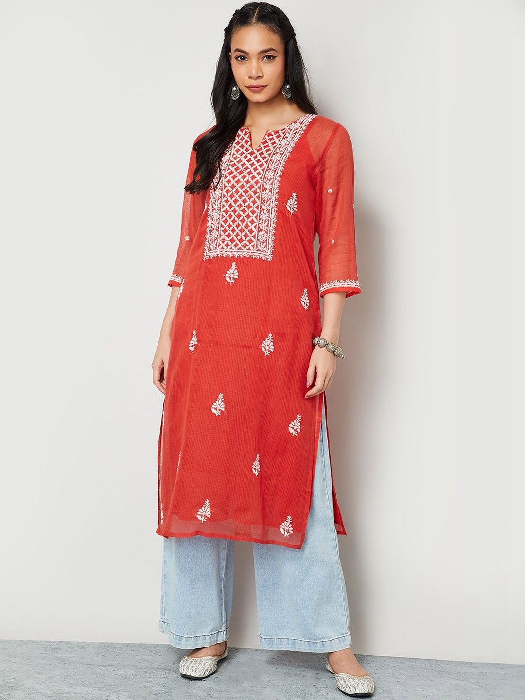 Melange by Lifestyle Ethnic Motifs Embroidered Chikankari Cotton Kurta-picture-26