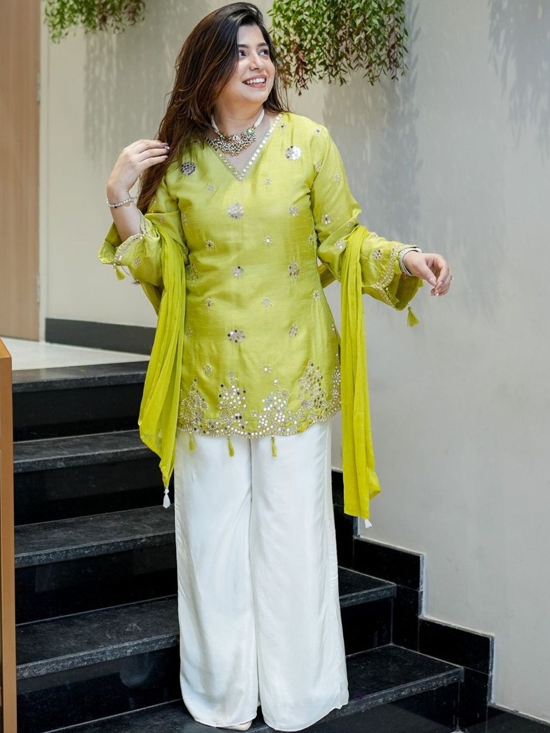 Wtune Ethnic Motifs Embroidered Regular Mirror Work Kurta with Palazzos With Dupatta-picture-23