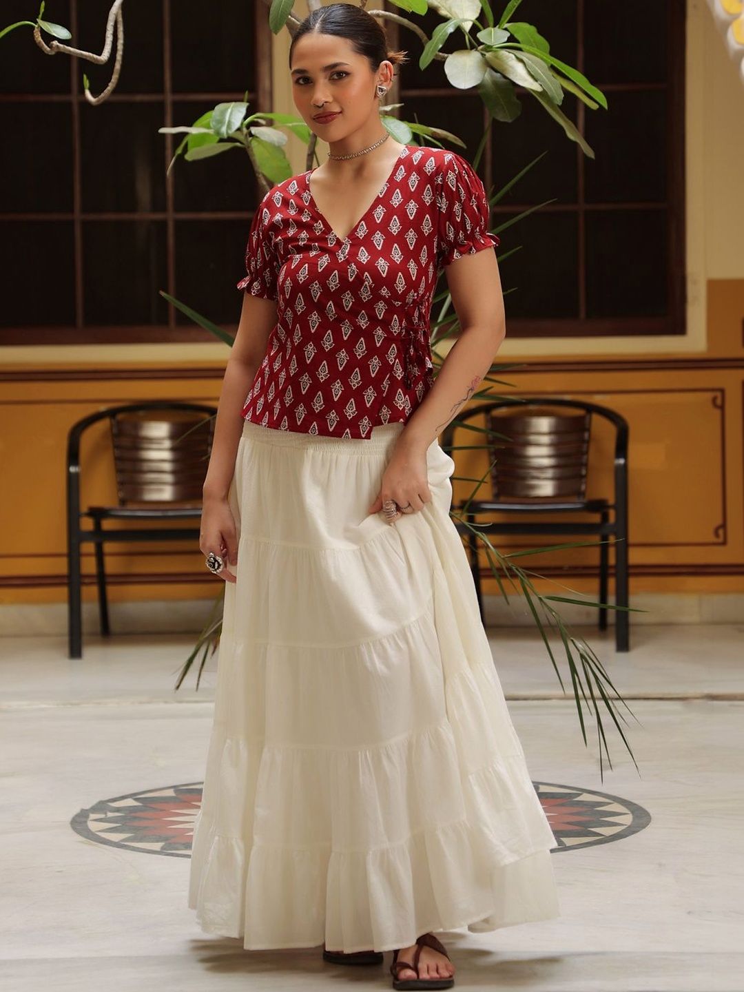 anayna Print Puff Sleeve Ethnic Cotton Wrap Top-picture-38