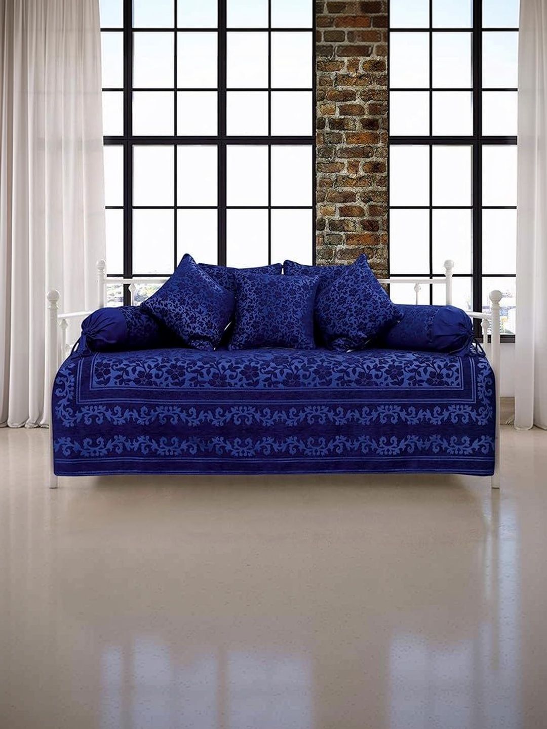 Victor 8-Pcs Navy Blue Printed Bedsheet With Bolster & Cushion Covers-image-1