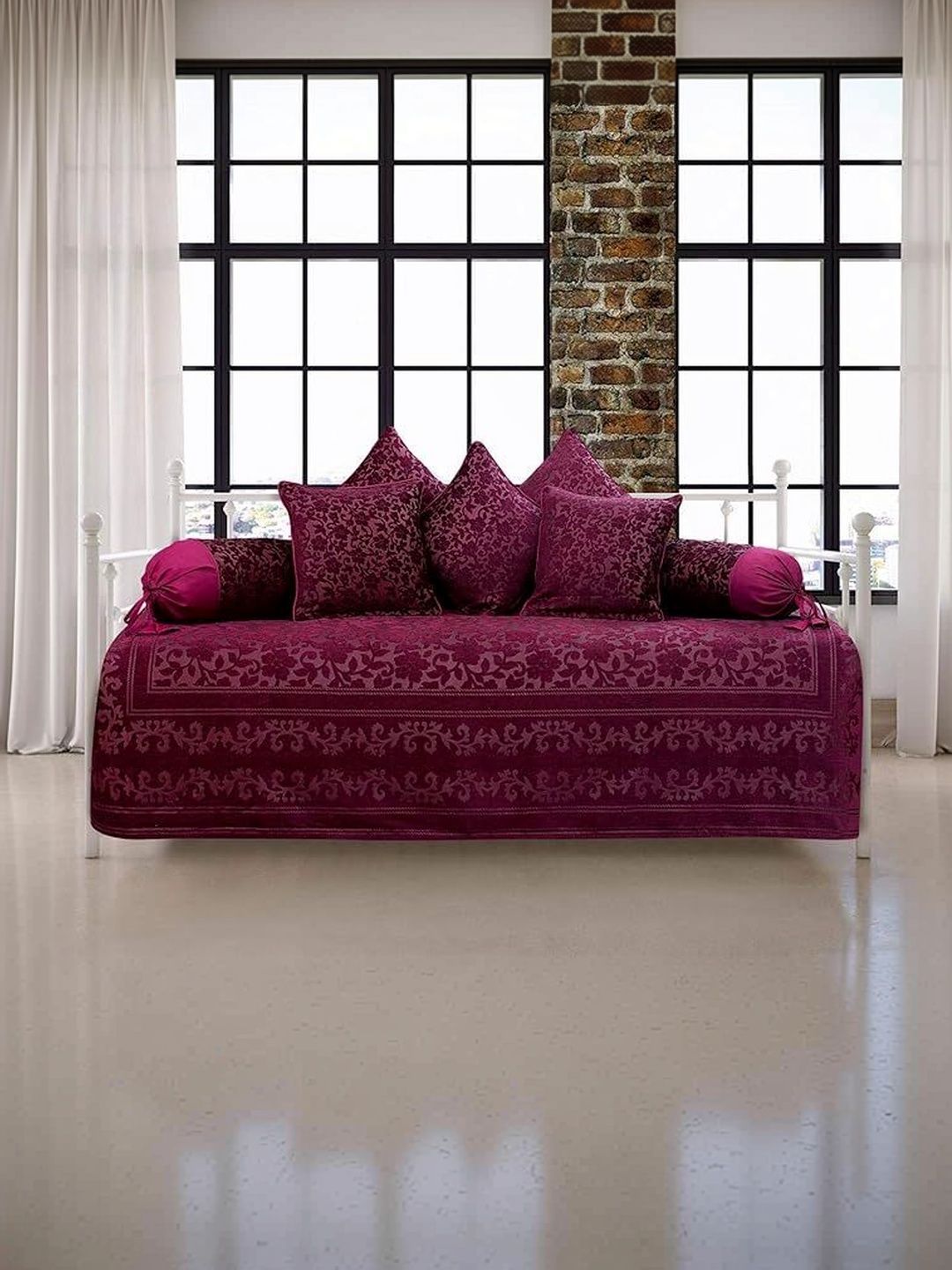 Victor 8-Pcs Burgundy Printed Bedsheet With Bolster & Cushion Covers-image-46