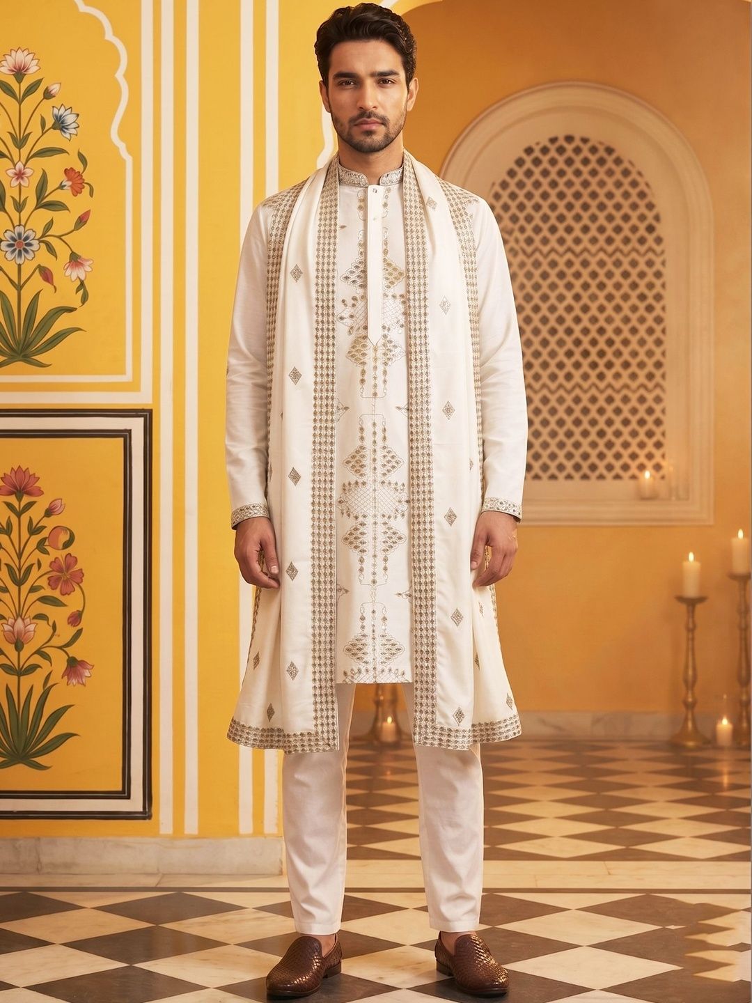 Jompers Men Ethnic Motifs Embroidered Regular Mirror Work Kurta with Trousers & With Dupatta-picture-27