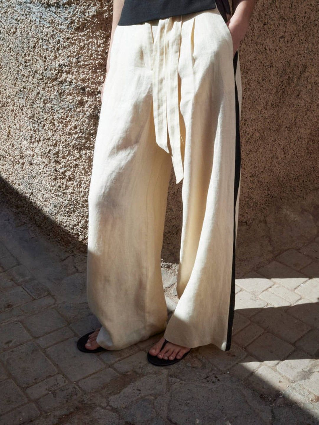 MANGO Women Pure Linen Wide Leg Side Stripes Trousers-picture-24
