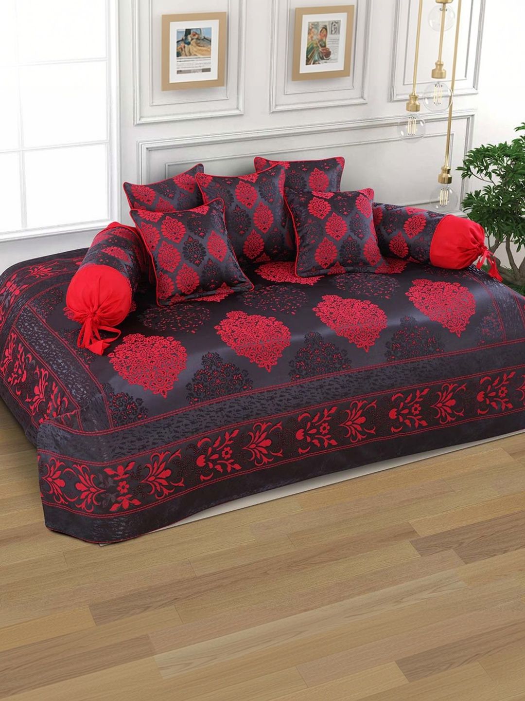 Victor 8-Pcs Maroon Printed Cotton Bedsheet With Bolster & Cushion Covers-image-42