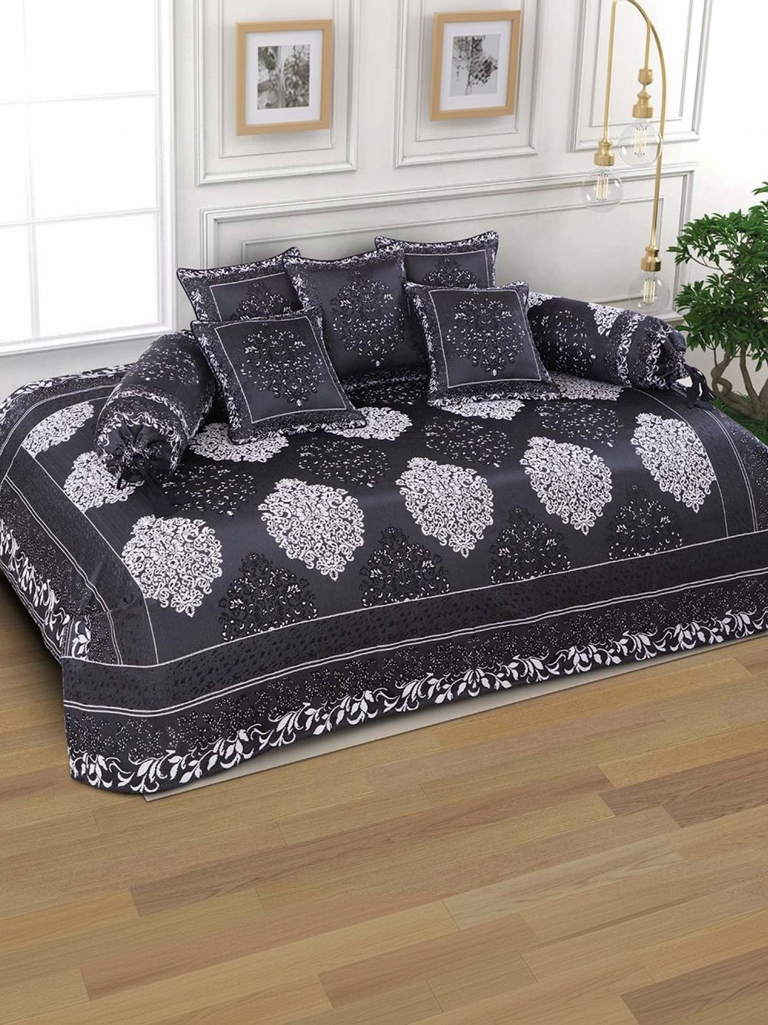 Victor 8 Pieces Black Printed Polycotton Bedsheet with Bolster and Cushion Covers-image-49
