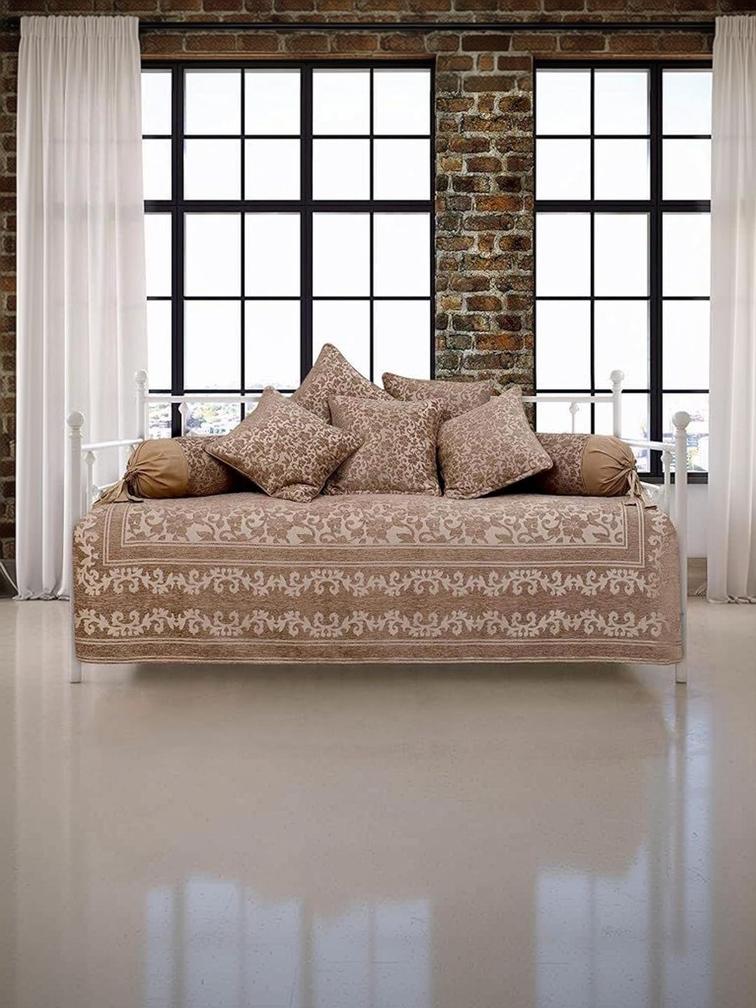 Victor 8 Pieces Brown Printed Polycotton Bedsheet with Bolster and Cushion Covers-picture-23